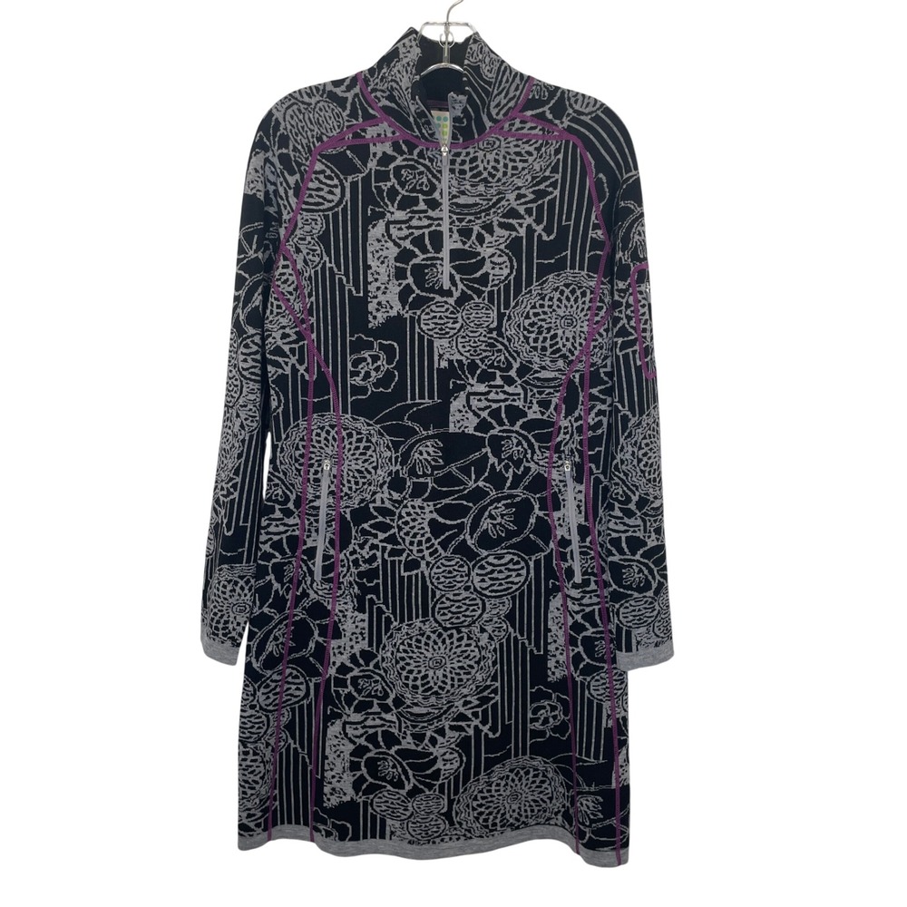 Title Nine Super Power 1/4 Zip Dress Merino Wool Abstract Sweater Black Grey M